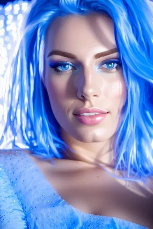 wide shot, 20 year old, a princess, fit, naked, blue, photo studio, day time, studio light, happy, 8k, professional