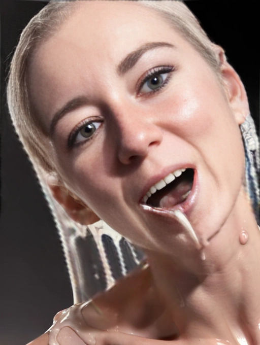 Skinny, nude, ((kneeling and looking up, lips closed, accurate lips, white goo dripping from her mouth, horny expression, accurate nose, both hands behind her back, full body visible, accurate face
)), natural skin colour, looking up, looking up, horny expression, ultra detailed, ((detailed face)), photo-realistic, ultra realistic