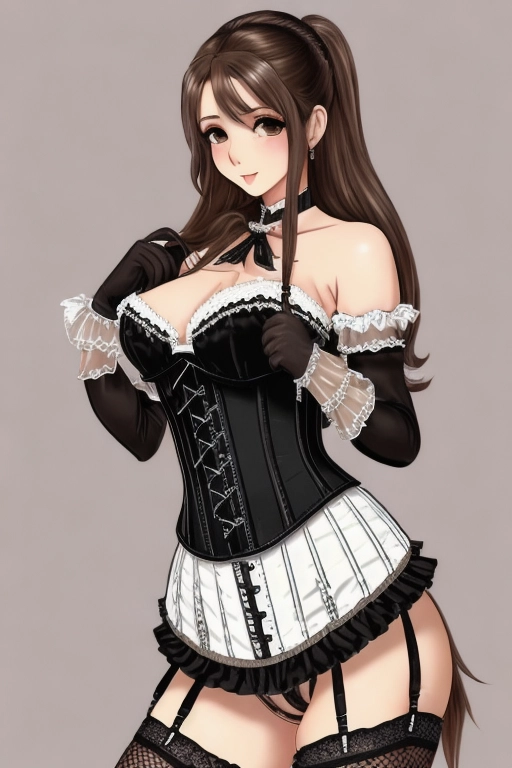 highly detailed, artwork, french maid, mature, european appearance, gorgeous face, cartoon facial features, perfect body, ((long flowing hair)), ((sexy outfit with laced corset)), ((pudgy gut ripping outfit)), stately home background