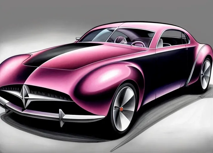 A rendering in airbrush, marker, and colored pencil, of the (full body view) of a sleek sedan concept car styled after cars of the 1940's