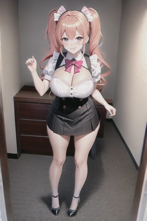 8k quality, pink eyes, pale white skin, orange hair, giant breasts, cleavage, looking at viewer, pov, long hair, wavy hair, full body photo, standing in living room, smiling, maid outfit, miniskirt, asian, pigtails, high heels