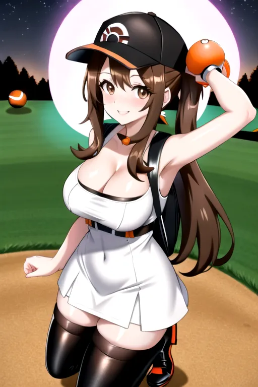 giant breasts, pale skin, brown hair, brown eyes, long hair, black high heels, white minidress, pov, knee-high boots, looking at viewer, smiling, 1girl, cleavage, full body, slim body, orange baseball cap, pokemon trainer, 4k, wavy hair, black backpack, in park, nighttime, black leather jacket, low pigtails