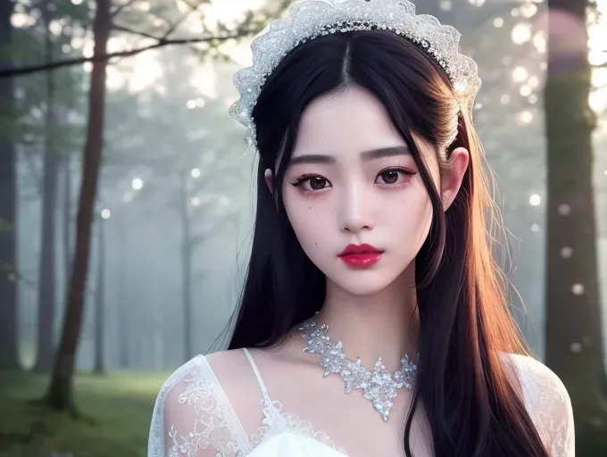a highly detailed photo of, dpmg_asian_aesthetic_v1, best quality, ultra-hd, 8k resolution, 18 years old, light skin, beautiful face, perfect body, big rounded eyes, beautiful red lips, inocent face, highly detailed face, curved eyebrows, inocent face, correct anatomy, 8k, insanely beautiful, ultrarealistic, five fingers per hand, non nunde, freckles, ((detailed facial features)),((detailed arms features)),(textured skin),((beautiful lips)), ((8k resolution photo)), ((detailed hair features)), elf ears, at the forest, lace lingerie, lace sotcking, outside a castle, ((masterpiece)), transparent dress, fairy wing on the back, at night, fairy tale style