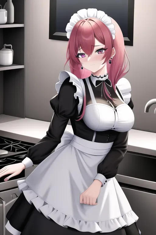digital art, 20 year old, an e-girl, insanely beautiful, maid clothes, black, kitchen, night, spot light, scared, 8k, professional