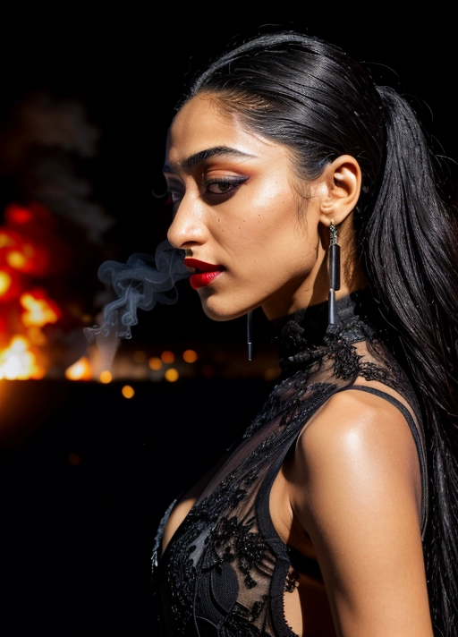 (skinny goth Golshifteh Farahani:1.11),
(black makeup, black eyeshadows, red lips:1.13),sideview,(focused:1.2),
(accurate face, photorealistic face,perfect face,detailed face:1.27),
serious,(in dense smoke, strong thunder, vivid flames and fire in background:1.3),(wearing elegant widow dress:1.1),
(face close up:1.25),
uncensored,
HDR, UHD, 64K,
Highly detailed,
Vivid Colors,
Studio lighting,
Professional,
Unreal engine,