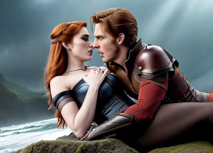 beautiful Nordic bright fiery auburn haired blue eyed Queen Anna of Arendelle portrayed by Elizabeth Lail is transformed into an evil succubus with tiney horns, bat wings and pointed tail, riding the handsome Prince Hans of the Southern Isles with light skin sideburns and slicked back auburn hair. while devouring his soul.
