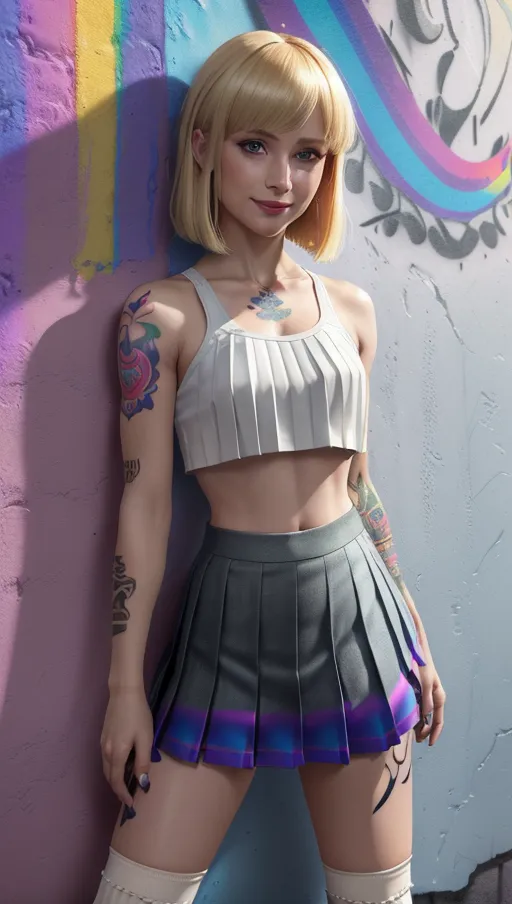 8k, high Quality, high detail ,high resolution, correct face, detailed outfit, detailed legs,full body , ((Enid Sinclair from Wednesday)), ((with rainbow colored crop top and pleated skirt)),(( standing in a sex club in front of wall tattoo)), shoulder length blond straightened hair with bangs, wry smile, small breasts, meager bust, wearing overknee socks