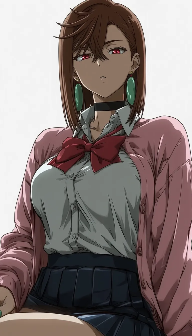 dark_art_style, (ayase momo:0.6), hair between eyes, crossed bangs, green earrings, brown hair, red eyes, black choker, short hair, white shirt, red bowtie,pleated skirt,school uniform, pink cardigan, long sleeves, 1girl, solo, alone, masterpiece, highres