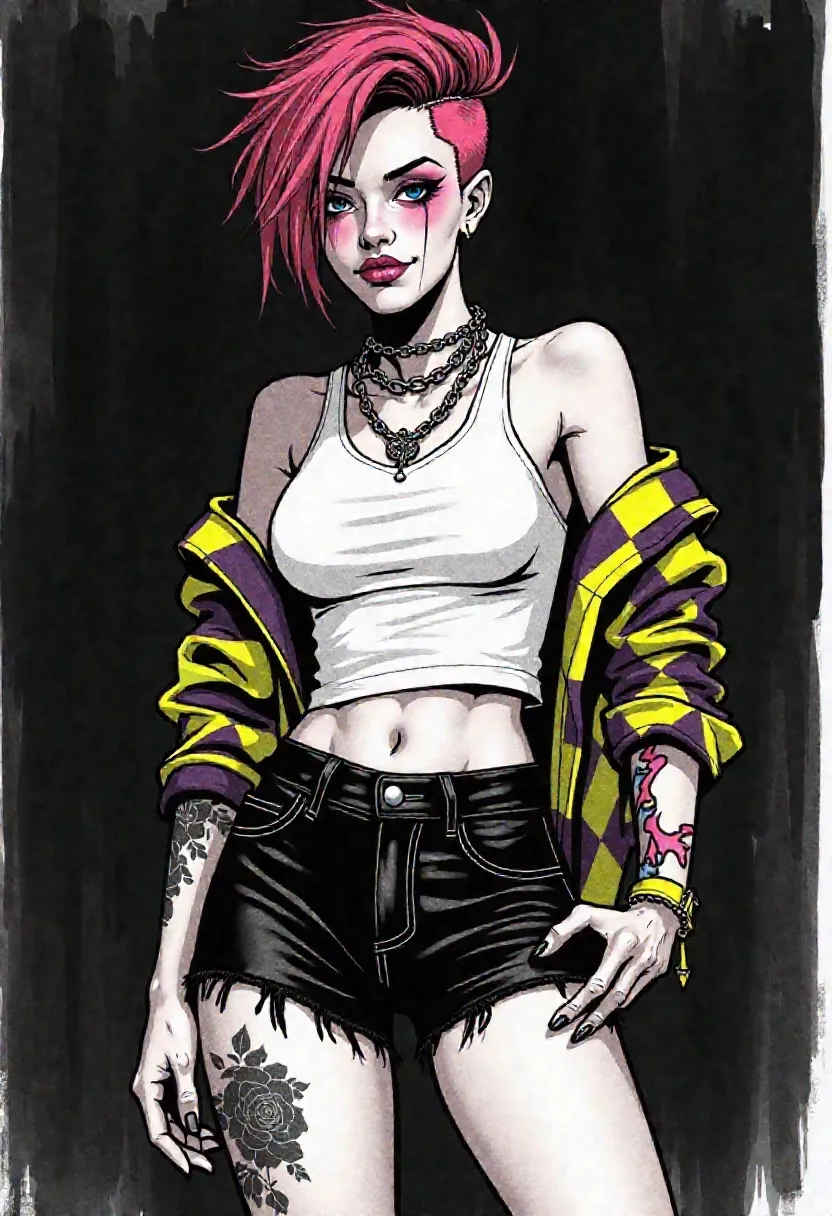 Abbi Rose, punkrock girli with itty bitty chaos and grown-ass posture, rendered in hand-drawn realism with bold contouring, noir shadow play, and pop-art tension
compact frame, fauxhawk in faded magenta, razored sides with jagged pixie tufts styled like static in freeze-frame, angular face half-lit in harsh contrast, wide black-lined eyes, neon-pink gloss on parted lips cracked into a knowing grin
white fitted tank top smeared with glitter and streaked makeup, stretched tight across her frame
loose flannel shirt in chartreuse and eggplant harlequin pattern, sleeves rolled, oversized and aggressive, worn loud
super short black denim Daisy Dukes, raw at the hem and belted high, black rose tattoos inked across her thighs in stark black linework, no color, just memory and design
thin silver chains loop her neck in messy tiers
posed in a 3/4 portrait from head to mid-thigh, hip angled, arms relaxed, eyes locked
set on a dim sound stage, background lost to curtain folds and scaffold shadows, noir-style side lighting casts deep shadow along her jaw and thigh, soft bloom catches in glitter dust, and a faint mist-like aura wraps her silhouette—barely visible, more suggestion than effect, like the memory of smoke around someone who already burned