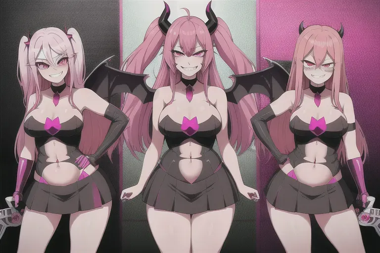 All girl with devil horns and bat wings anime girl with pink hair and pink eyes,yandere, one person, testicles, smug, sly grin, mischievous smile, evil smile, multiple angles, giggling, thicc