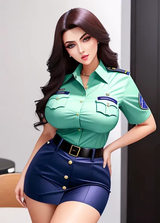 Gorgeous European woman, raven-haired beauty, enormous gigantic boobs, (gigantic boobs), photo gorgeous attractive face, green eyes, huge bimbo lips, slim waist, blue policewoman button-down uniform shirt, photorealistic, best quality, ultra high resolution