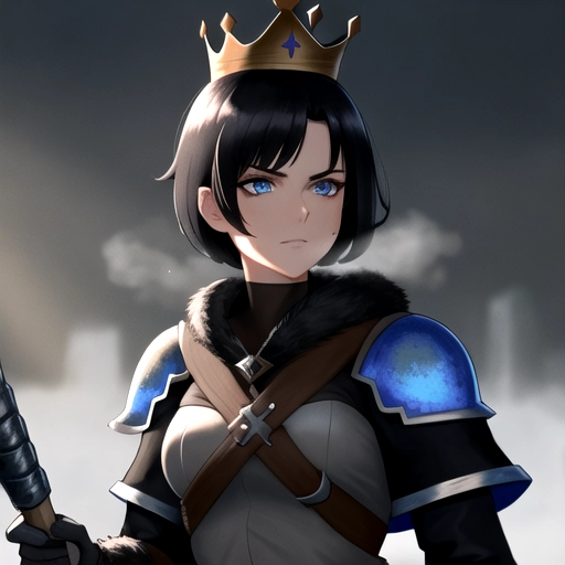 short black hair, blue eyes, bandit, onegirl, carrying a sledgehammer, wearing a large crown, sci-fi, queen, warrior, tomboy