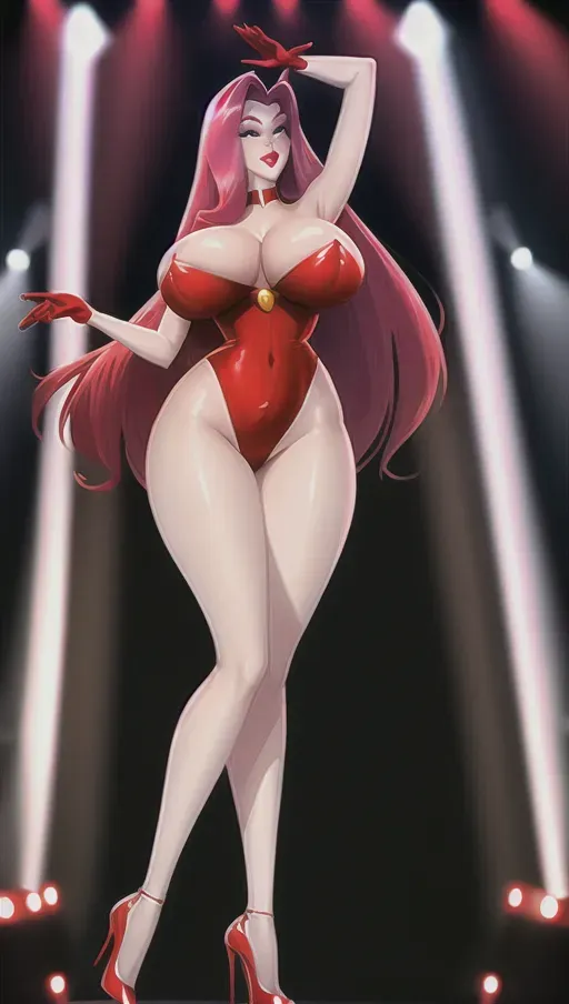 Jessica rabbit, big breast, thin waist, on stage, staring at viewer, posing, teasing, long legs, red high heels,