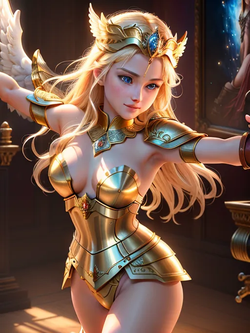 ((Highly detailed, fine details, 3D, ambient lighting and shading, natural lines and contours, life-like appearance)),
My pov,
(Greek goddess Athena with perfect angelic face and angel wings),
(((In action)), fighting in battle, wielding sword or spear))
gripping sword or spear in right hand,
Bearing round shield on left hand and forearm, wearing Corinthian battle helmet,
Wearing aegis breast plate,
Wearing tunic, wearing battle dress,
realistic detailed blonde hair, ((perfect gorgeous facial features)),
(realistic detailed blue eyes), (realistic detailed blonde eyebrows),
Gorgeous slender strong body,
((Small realistic detailed breasts)),
(5-good-hands), (five perfect slender fingers on each hand),
Body oriented towards camera,
Looking directly at camera,
Looking sexy brave beautiful with a smile
on her face
absurdres, hyper-realistic, ultra-realistic, photorealistic, 3-D, fine details, good-hands, sharp focus, pixiv, HDR, absurd resolution, cgsociety, heavily detailed
GOOD DOPAMINE
(nsfw), (masterpiece), absurdres, smooth, soft lines, soft edges, perfect edges, (soft lighting), (soft glow), detailed background, perfect anatomy, hair with great details, perfect eyes, perfect face, perfect textures, closeup, dramatic lighting,
(nsfw), (masterpiece), (((oil painting))), absurdres, smooth, soft lines, soft edges, perfect edges, (soft lighting), (soft glow), detailed background,
perfect anatomy, hair with great details, perfect eyes, (perfect angelic face), perfect textures, closeup, back-lighting, (god beams), (god rays),
magic, ethereal,
mystical elements, magical elements,
passionate, ((aroused)),
Sensual, erotic
