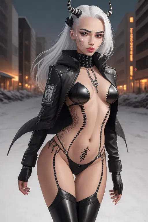 (photorealistic), (realistic), (best quality), (masterpiece), (pale colors), ((detailed facial features)), ((SFW)), ((an African black woman with horns with entire body covered)), ((anorexic skinny body)), ((huge heavy boobs)), ((plump bimbo lips)), ((small skinny butt)), ((thin skinny thighs)), realistic face, realistic eyes, anorexia, ((skin colored black and white spots)), ((black and white spots on skin)), (vitiligo skin), (outdoor setting), (white body paint), white body art, tan lines, matte skin, zebra pattern, cow pattern, piercing, wings, (multiple tattoos), metal jewelry, metal, spiked leather, chains, latex, goth, punk, fishnet, ornaments, cow print, zebra print, bimbo, white hair, ponytail hair, long hair, shaved head, bald head, ((full body covered)), (full body catsuit), shirt, bra, corset, bodysuit, long skirt, (leather pants), tights, leggings, long dress, (coat), (jacket), cape, spikes, armor, leather belts, high heels, 5 fingers on hands, 2 hands, 2 arms, 2 legs, 2 breasts, city background, ruins in the background, warzone in the background, night city in the background, winter forest at night in the background, insects, centipedes