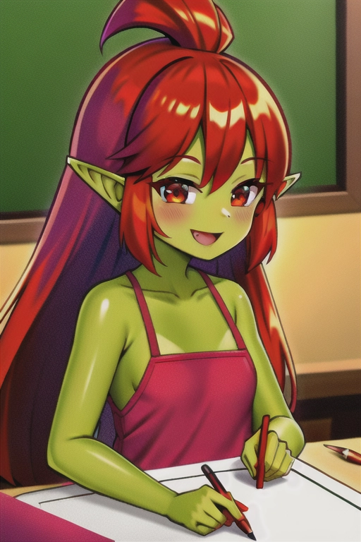 Red head goblin girl, green skin, pointy ears, drawing, cute, happy, artist