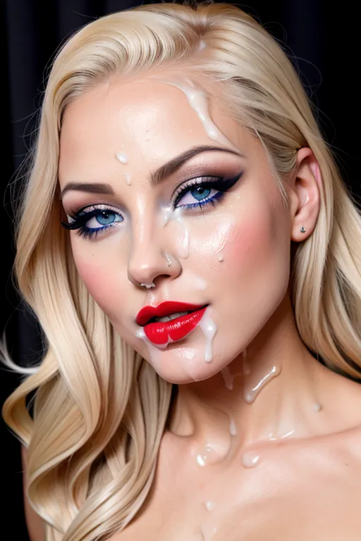 a 8k high resolution photo of beautiful blonde female, ((dpmg_face_cum_v1)),(((cum on face))), ((a lot of cum on face)), ((cum in hair)), (((cum on chin))), (((cum on eyes))), (((cum on forehead))), (looking straight into the camera), (fake eyelashes), detailed female anatomical features, (heavy black eyeliner), (((red lipstick))), textured skin, (blue eyes),