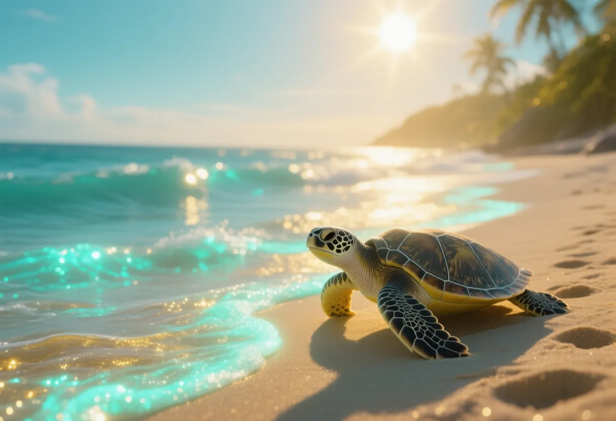A Summer Solstice Luminescent Shoreline featuring sea turtle, where the longest day casts magical light on a beach scene. Employ shimmering turquoise and gold to create a sun-drenched, ethereal atmosphere with glowing sand and bioluminescent waves