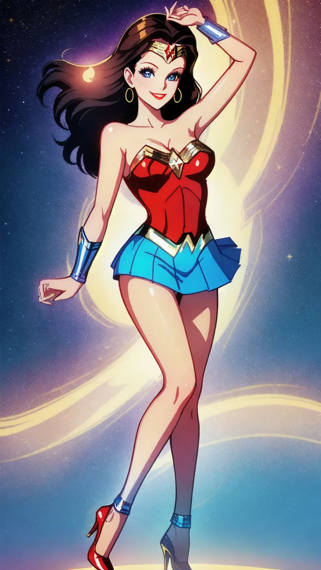 digital art of Lynda Carter drawn as Wonder Woman with elegant long legs, mini skirt, stiletto heels, and happy smile, she has soft lips and detailed sparkling blue eyes, intricate hands, the background setting is night time moonlight