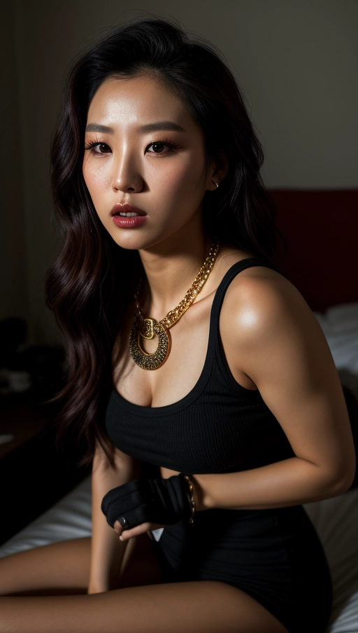 Portrait of the same South Korean woman,
Age - 23,
Powerful, self-confident, full of energy and charisma,
Skin type - fair, Hair color - dark brown, Hair style - long, straight, current fashion - loose waves,
Face - oval shape, Eyes - almond-shaped, dark brown, Mouth - full lips, Nose - small and straight,
Clothing style - urban chic with a touch of rebellion, underlining her fearless character,
Location - abandoned hotel room with broken windows, fitting her intense and dramatic personality,
Position - lying on back, in the middle of the bed, one hand on her chest, the other holding a condom, a teasing pose - staring intensely at the camera, defiant stance,
Emotional expression - fierce and unyielding, emphasizing her strong presence,
Accessories - fingerless gloves and chunky necklace, supporting her character,
Makeup - dramatic smokey eyes and dark lip color,
Camera angle - slightly low angle to emphasize her strength, Lighting - harsh, with strong backlight creating silhouettes, Resolution - high resolution, Camera type - DSLR, Camera settings - f2.0, 1-250s, ISO 1000, Focus - on her face,