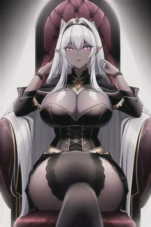 ((Black colored skin)), blood elf woman, fantasy wizard sitting on a throne, cute face, skirt, shirt, corset, ((black lace stockings)), dark blue cloak, jewelry, white hair, long hair, glowing purple eyes, large boobs, wide hips, perfect tits, beautiful, athletic body, tattoos, serious face, beautiful face, ((high res)), ((4K)),