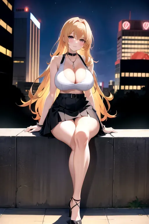 full body, strawberry blonde hair, brown eyes, short girl, white miniskirt, black high heels, looking at viewer, long hair, pale skin, silver necklace, black crop top, 24 years old, giant breasts, cute face, pov, wavy hair, city environment, Oklahoma City, wide eyes, erotic, skirt tug, nighttime, black backpack, slim body, sitting on wall, smiling, cleavage, f-cup breasts