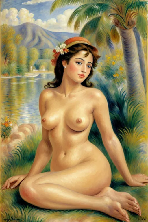 painting in style of renoir, of a young Merle Oberon, nude,  realistic face, realistic hair, realistic skin, sensual gaze, hot summer night, romantic, detailed scene, detailed background, ultra realistic, realistic body, realistic hands, realistic legs, realistic breasts, realistic arms, realistic feet, detailed background, realistic details