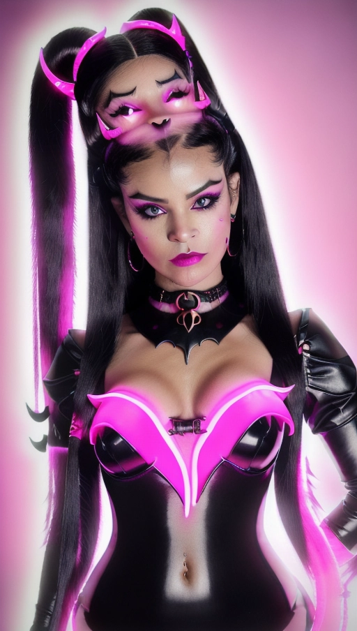 best quality, (((ultra high res))), (((detailed face and eyes))), (perfect face), (big shining heart choker), earrings, jewelry, (((big glowing succubus mark))), ((((big glowing succubus bodymark)))), (((conjuring))), (witch), ((very long voluminous hair)), (((black gloves))), ((black hair)), (((single black ponytail))), (((golden bracelet))), (((huge golden hair cuff))), (((pink skintight neckholder))), ((face closeup)), (lipstick), (((neckholder))), (((((black demon tail))))), ((black long sleeves)), ((purple glowing heart)), (((big cameltoe))), (((demon mark))), heart on womb, (((((bright pink glowing skin tone))))), (((straight black hair))), ((pink glowing clothes)), ((luminescent)), (((pink luminescent skin)))