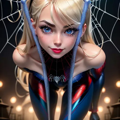 a highly detailed photograph of, full length body shot, anatomically correct body, correct amount of limbs, all body visible, Gwen Stacy from Spiderman, smiling, in Spiderwoman costume, face visible, in a factory, at the centre of a spiders web, stuck, spread eagled, small breasts, five fingers per hand, cute face, beautiful lips, blue eyes, curved eyebrows, curved eyelid, smooth skin, peaceful, wearing necklace, cinematic lighting, smooth, highly detailed, ultra realistic, sharp focus, toned body, slim toned legs, legs spread,