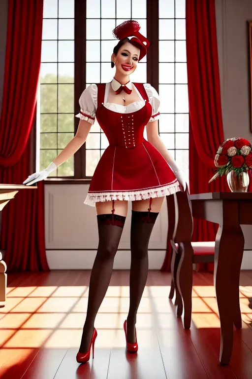 digital art, 20 year old, a maid, insanely beautiful, stockings, red, dining room, daytime, natural light, happy, 8k, professional