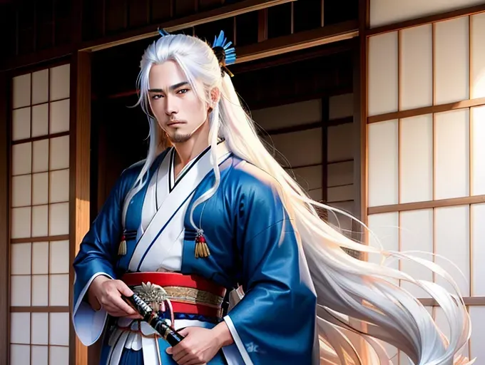 Young adult Japanese, man, with long white hair, and blue eyes, wearing a blue kimono, with a katana sitting on his hip, sfw