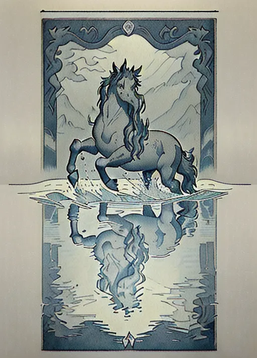 vintage etching style illustration of a Scottish kelpie water creature, (((Vintage line etching style))). a bestiary image of a traditional (welsh kelpie fantasy mythical creature), dynamic compositional poster art)), kelpie:1.5 water dwelling horse of sadness, ((half-horse-half-fish)) as in water reflection skeletons hands raise from water skulls in water