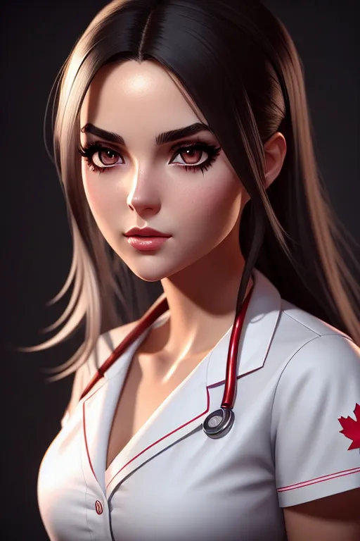 a concept art of,a canadian girl,wearing nurse clothes,doing sexy pose,five fingers per hand,silky hair,charming face,beautiful lips,detailed large eyes,curved eyebrows,curved eyelid,smooth skin,wearing golden ring,sharp focus,surreal,cinematic lighting,artstation,unreal engine