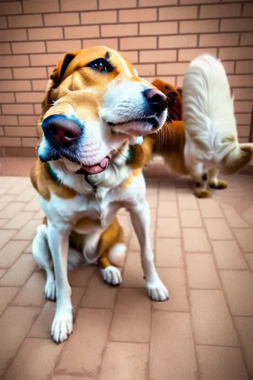 photorealistic high resolution photo, accurate face, high detail, dog licking mans penis