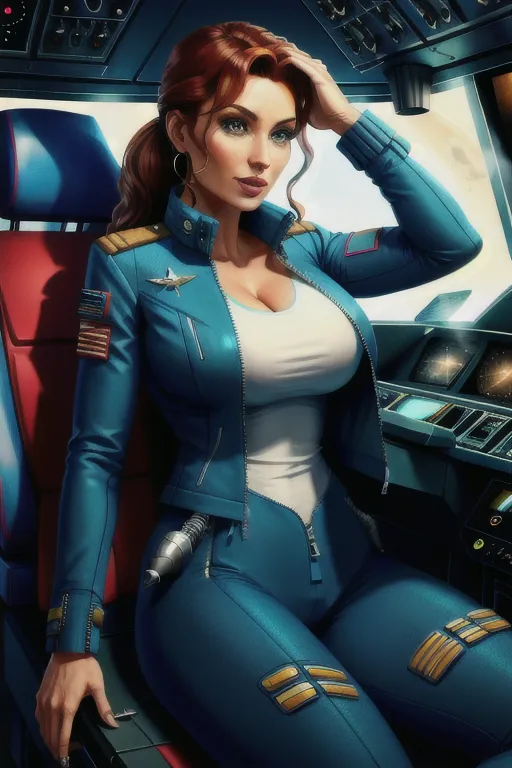spaceship captain with partially unzip jacket in the cockpit of her ship