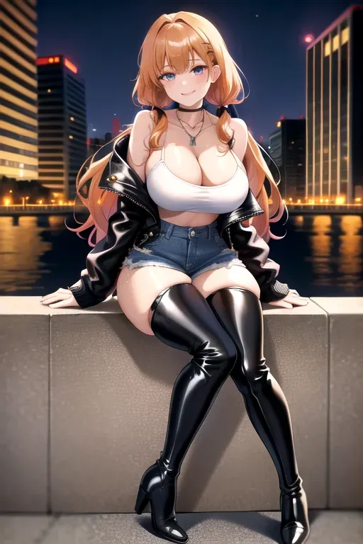 full body, strawberry blonde hair, brown eyes, short girl, denim miniskirt, black high heeled boots, looking at viewer, long hair, pale skin, silver necklace, black crop top, 24 years old, giant breasts, cute face, pov, wavy hair, city environment, Oklahoma City, wide eyes, erotic, skirt tug, leather jacket, nighttime, black backpack, slim body, low pigtails, sitting on wall, smiling, thigh high boots, cleavage