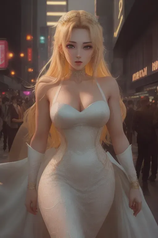 digital art, 20 year old, an anime girl, muscular, wedding dress, gold, night club, night, neon lights, happy, 8k, professional