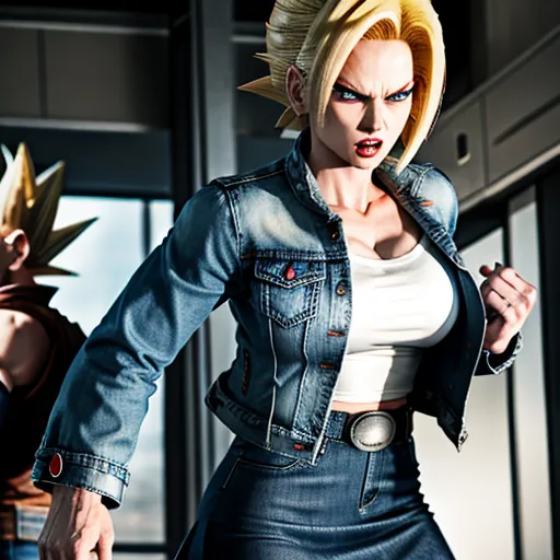 Android 18 is wearing a skirt and jean jacket. Android 18 is looking angry and blushing. She is being face fucked by Cell from dragon ball Z