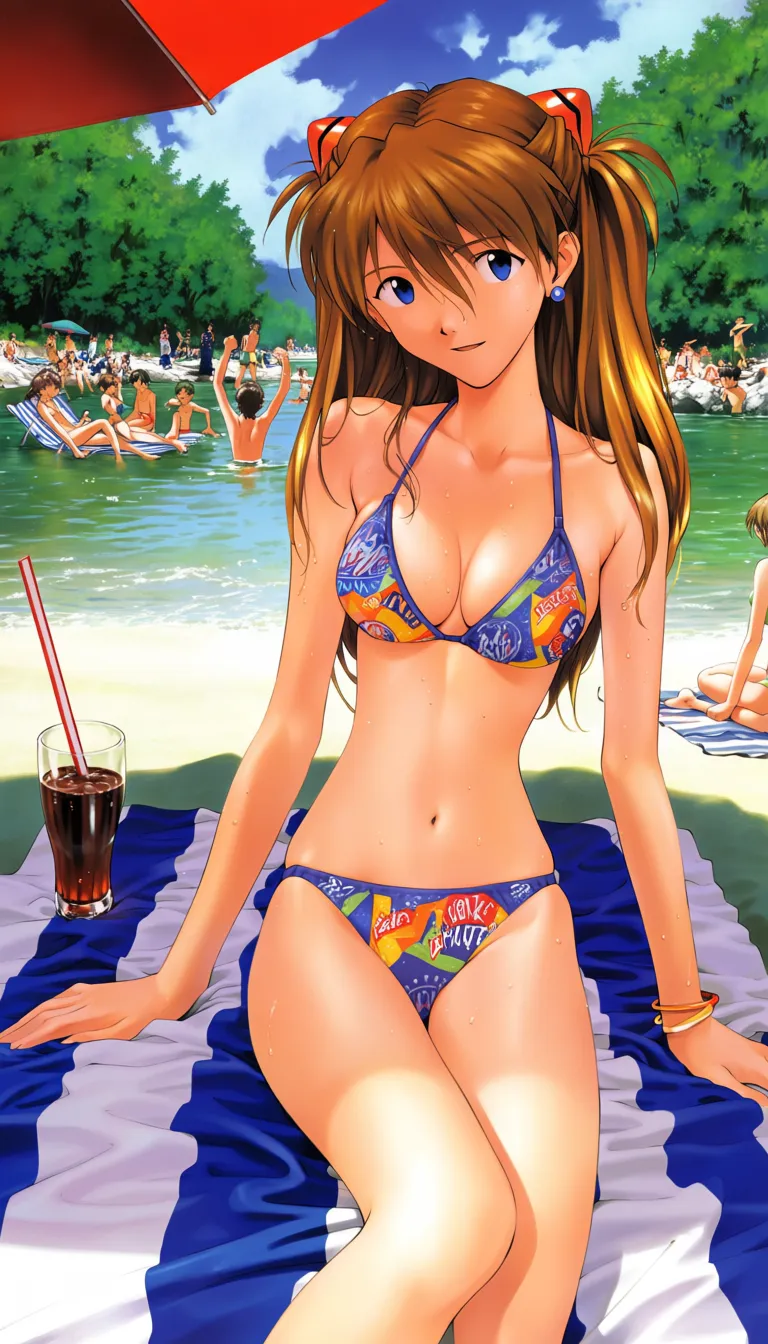 Source_anime,
Ultra-detailed,absurdres,light particles,light rays,realistic,very aesthetic,masterpiece,best quality,score_9,score_8,score_7,newest,highres,1998,
1 girl,asuka(evangelion),brown hair,long hair,two side up,blue eyes,medium breasts, feminine frame, adolescent body, sagging breasts, inverted nipples, nipples indent, flat stomach,
Asuka from Evangelion on a riverside, sunbathing, on a blanket, at a beach, in central Russia, wearing a funny coloured bikini, skinny, sagging breasts, mons pubic, young body, thin waist, beautiful, happy, cheerful, coke in a tall glass ,
Fresh drops of water, half-wet hair, partially covered by shade of a large beach umbrella,
trees and medium sized calm river in the background, lots of Caucasian people sunbathing, playing volleyball and relaxing, swimming,
