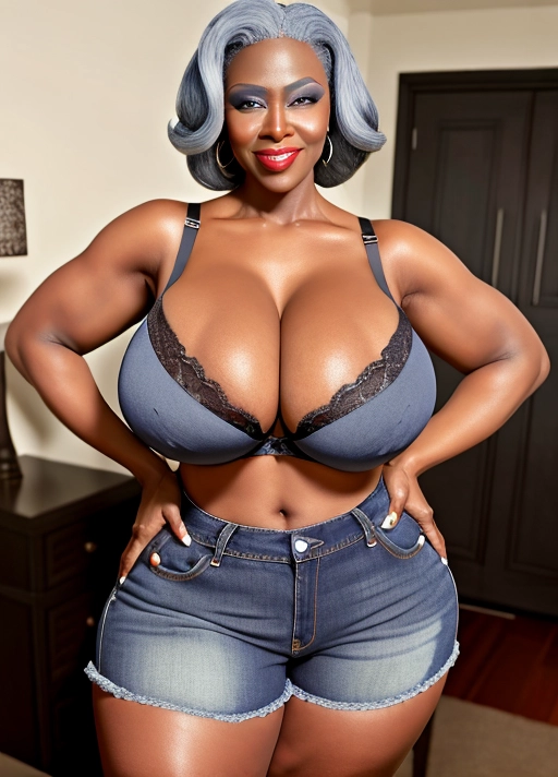 old lady ebony voluptuous bra, sexy humongous breast hands on hips blue jean shorts gray hair curvy pear shape, seductress, huge cleavage