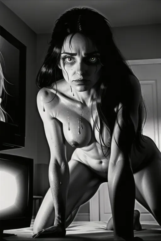 Television screen flickers with static and distortion.
A pale, bony hand emerges from the darkness, gripping the edge of the screen.
Samaras long, wet, and tangled hair spills out from the TV, covering her face and shoulders.
Her haunting, sunken eyes are revealed as she pulls her head out of the TV.
Samaras face is expressionless, her gaze piercing through the screen.
Slow and unnatural movements as she crawls forward, defying physics.
Television screen distorts further as she emerges, struggling to contain her presence.
Chilling atmosphere fills the room as an otherworldly presence invades.
Her upper body is free, head and shoulders out of the television.
Haunting and malevolent stare fixes on the viewer.
She pulls the rest of her body out,
Presence feels ghostly and unnatural, as if from another realm.
The room darkens, and the temperature drops.
Eerie soundtrack intensifies, adding to the feeling of dread.
The scene leaves the viewer in shock and fear.
The nightmare becomes a reality, no clothes, nacked , nude, legs are spread