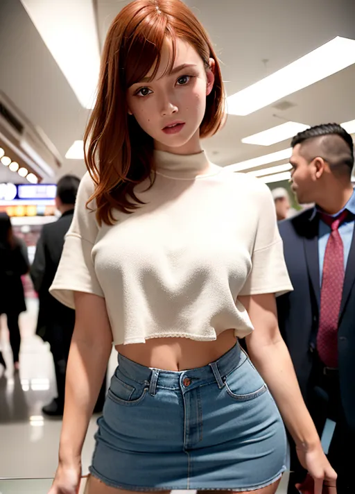a 8K resolution photo of a 18 years old beautiful girl, redhead, blue eyes, barely legal, skinny, slim, anorexic, full body, bangs, small waist, big boobs, rounded butt, red lips, beautiful lips, symmetrical eyes, (tigh highs), (pale skin with reflections), blushing, natural lighting, low contrast, low saturation, (photorealism:1.5), (photorealistic:1.4), (8k, RAW photo, masterpiece), High detail RAW color photo, a professional photo, realistic, (highest quality), (best shadow), soft shadow, ultra high resolution, highly detailed CG unified 8K wallpapers, soft focus, physics-based rendering, photo, realistic, realism, high contrast, hyperrealism, photography, f1.6 lens, hyper-realistic lifelike texture, textured skin, cinestill 800, full body in frame, all in frame, volumetric lighting, in the style of unreal engine 5, smiling, happy, wearing a shirt and miniskirt, miniskirt lift, pushing up skirt, upskirt, looking away, walking in a busy grocery store, people at the background, sexy, erotic, porn