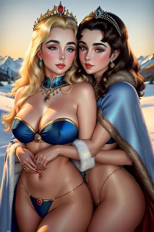 Colour painting of Elizabeth Taylor ((with brunette hair)) and Grace Kelly ((with blonde hair)), very detailed and jewelled blue bikinis,((bare thighs)), fur cloak over their shoulders, smooth skin, sexy butts, fine beautiful bodies,((hugging and kissing)), ((winter landscape)),(detailed skin features),(detailed face features), beautiful faces, (detailed body features), beautiful eyes,