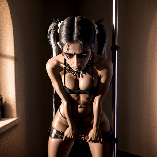 Beautiful skinny 18 year old Roma girl crying scared with pigtails and choker bent over showing butthole with pole in pussy