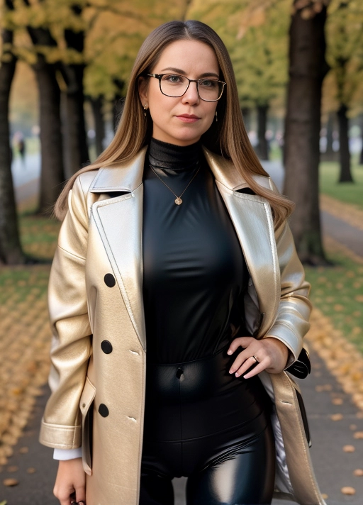 8K, UHD, RAW, digital high resolution photo, use golden ratio, use golden aspekt ration, photo as figure shot, photo as wide shot, show full body, full body portrait,)Bokeh:0.3), highly detailed textures, realistic textures, highly detailed structure and texture of skin, realistic structure and texture of skin, Highly detailed facial, realsitic facial details,
season is springtime, time of day is late morning, early morning fog, Highly detailed lighting depending on season and time of day, realistic lighting depending on season and time of day, location is on a walk in green park landscape with meadow flowers and old trees,
30 years old female, wrinkle-free firm skin, female with flat bust, straight long hazelnut-blonde hair, face framing layers hair, smokey make-up, ((cameltoe with swollen labia)), (dimples),
dressed in black faux leather leggings at bottom and white nylon keyhole-blouse at top, dressed also with dark-beige opened wool reefer-coat, wearing black small framed glasses,