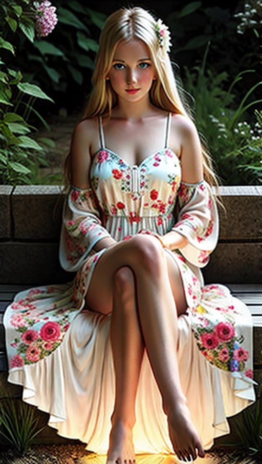 a seated young blonde woman in a long bright flowery dress which covers her legs, her bare feet are showing at the bottom of the dress, she has glowing feet, glowing feet, glowing eyes, glowing eyes, making eye contact, making eye contact, making eye contact
