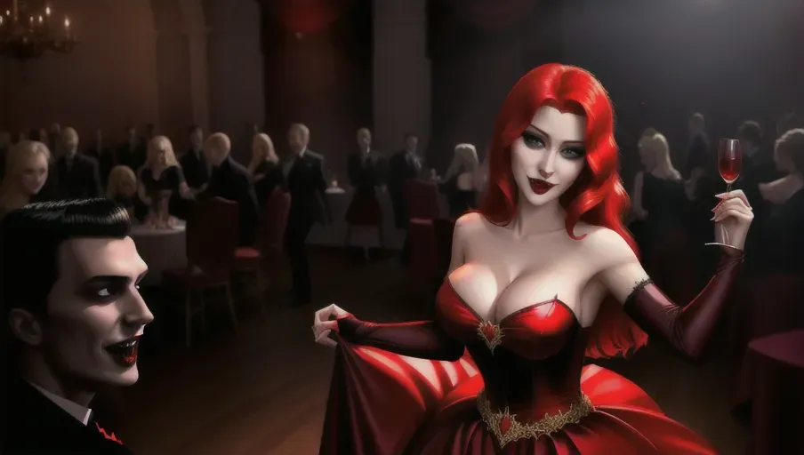medium shot of the sexy vampire vixens of Dracula hungerly at an erotic party with their redheaded hypnotized victim. Drinking, dancing, kissing, seducing their hypnotized victim, placing upon her head a shadowy veil. on a foggy moonlit night in the shadowy ballroom of a decerped old castle. Beautiful redhead still human victim early mid-thirties moderate breasts good sweet innocent, big soft round eyes, warm smile Anna of Arendelle in an elegant Nordic ballgown.
photorealistic. High resolution