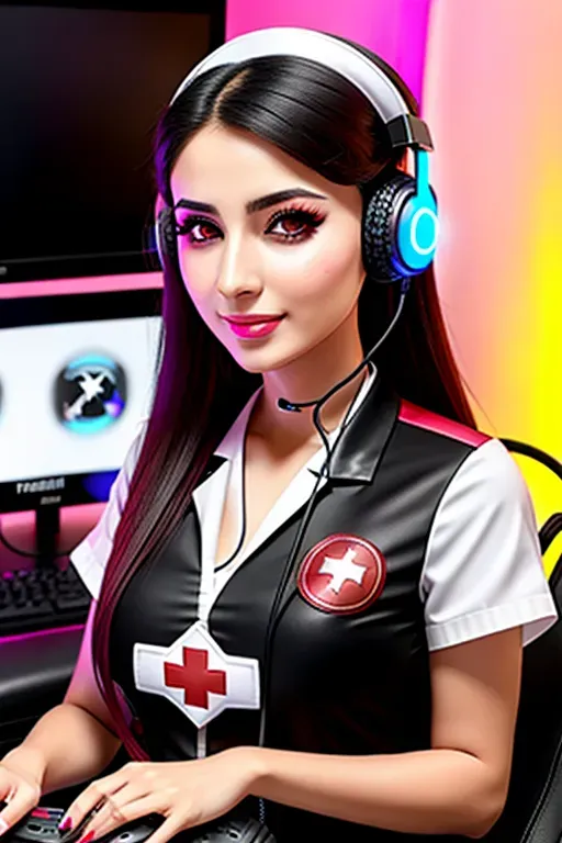 Turkish nurse by day, gamer by night. Pretty face, pretty makeup, kitten ear headphones,
Very detailed.
At her gaming desk.
(Gamer lights)
Wonderful mood,
Slim,
Physically fit.