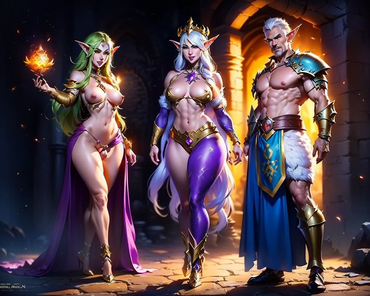 ((8k, RAW photo, best quality, masterpiece:1.2), (fantasy, high fantasy:1.37), (epic functionally naked trio of adventurers, (diverse group of individuals, each representing a different Dungeons and Dragons class), (immersive high fantasy nudist setting), (meticulously designed character features and outfits that expose chest and crotch), (day or twilight lighting adding to the sense of adventure), photon rendering, detailed expressions and nuanced facial features, distinctively tailored costumes reflecting their respective classes, female elf paladin radiating nobility and divine prowess, male goblin rogue exuding cunning and stealth, and dwarf cleric emanating wisdom and spiritual strength, 1 female elf paladin, 1 male goblin rogue, 1 dwarf cleric, full body composition showcasing their unique personalities and abilities, engaging eye contact with the viewer, immersive fantasy backdrop with mythical creatures or ancient ruins, ((spell effects)) magic, excitement)), absurd res, UHD,(sharp_focus:1.2), <lora:better_cooks:1>, perfect human anatomy, perfect female anatomy, perfect male anatomy, <lora:crotchless:1>