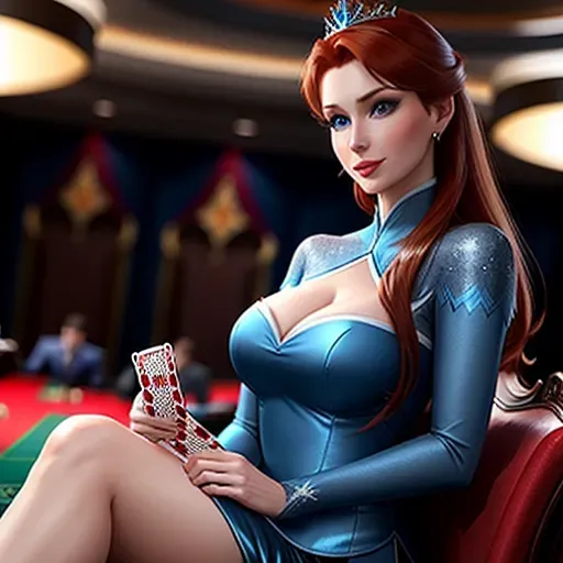 low angle shot, different clothing,
Anna in Las Vegas. playing cards in a casino.
innocent sweet, Anna of Arendelle 37 years old, Nordic, dressed in green attire, large natural round blue eyes, long auburn hair, sweet face, warm smile, soft curved eyebrows, smaller modest breasts.
Elsa of Arendelle 40, slightly taller than Anna. dressed in elegant blue clothing.
five fingers per hand, ultra realistic, unreal engine, reduced saturation, adult